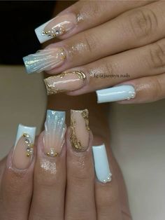 Baby Blue New Years Nails, Beach Nail Designs Square, Square Ocean Nails, Gold Nail Inspo Square, Aphrodite Nails Square, Caribbean Nail Designs, Square Seashell Nails, Charm Nails Long, Light Blue And Gold Nail Designs