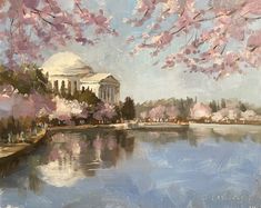 an oil painting of cherry blossoms on the trees and water in front of a building