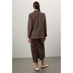 Brown plaid (52% wool, 33% polyester, 7% acrylic, 6% polyamide, 1% cotton, 1% viscose). Lining (100% Viscose). Blazer. Long sleeves. Collar. Front button closure. 29" from shoulder to hemline. Imported. Designer Brown Wool Blazer, Wool Double-breasted Long Sleeve Blazer, Professor Aesthetic, Tailored Single-breasted Brown Blazer, Brown Wool Double-breasted Blazer, Single-breasted Long Sleeve Gabardine Blazer, Brown Plaid, Plaid Blazer, Rent The Runway