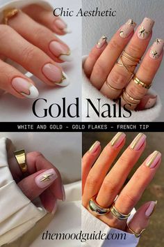 Milky white, french tips, gold flakes and 40 more elegant ways to do the nails with gold design. Nails With Gold Design, Classy Gold Nails, French Tips Gold, Edgy Minimalist Style, Milky White French, Gold Nails Ideas, Gold Nails Design, White French Tips, White Nails With Gold