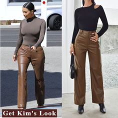 Mocha Palazzo Pu Leather Pants Fall Winter Size Tags Are In Letters Xs - (0us) S - (2-4us) M - (6us) L - (8-10us) Ships In 7-10 Business Days Brown Leather Pants Outfit, Black Check Dress, Green Dress Pants, Brown Leather Pants, Pleather Pants, Leather Pants Outfit, Navy Blue Pants, Linen Blend Pants, Leather Pant