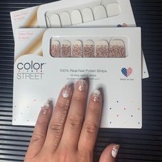 Get a super easy and quick DIY rose gold glitter dipped manicure with Color Street! This is Swiss and Tell ( White Nails) with an overlay of the clear glitter dip Coming Up Rose Gold. Gorgeous and easy glitter dipped nails in a snap at home! Coming Up Rose Gold Color Street, Home Sleet Color Street Nails, Color Street Champagne Hour, Color Street Nails Coming Up Rose Gold, Wedding Nail Polish, Dip Manicure, Colors For Skin Tone