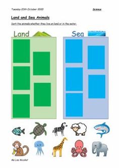 the land and sea animals worksheet is shown in blue, green, and white