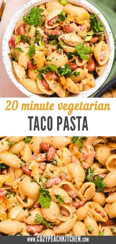 two pictures showing different types of taco pasta with the words 20 minute vegetarian taco pasta