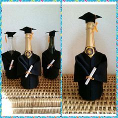 three pictures of graduation hats and bottles