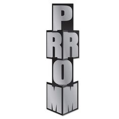 the word prom spelled in 3d letters on a white background with black and silver accents