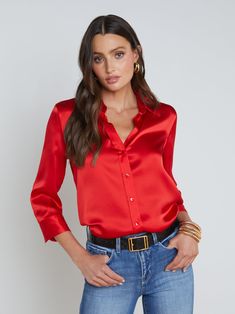 L'AGENCE - Dani 3/4 Sleeve Silk Blouse in High Risk Red Satijnen Blouses, Satin Blouse Shirts, Red Dress Shirt, Long Sleeve Loose Blouse, Winter Palette, Satin Bluse, Refined Aesthetic, The Office Shirts, Satin Blouses