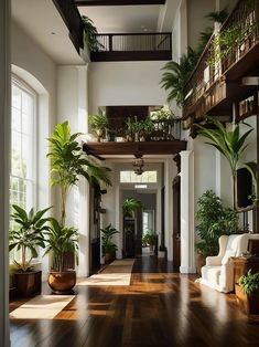 a long hallway with potted plants and wooden floors