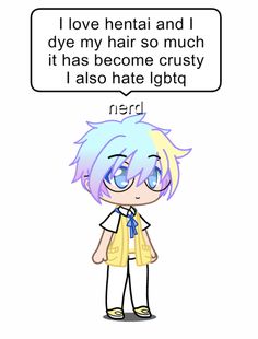 an anime character with blue hair and glasses, in front of a speech bubble that says i