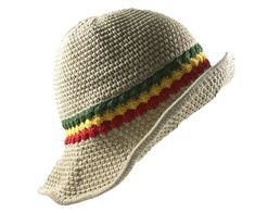 a white hat with red, yellow, and green stripes on the brim is shown