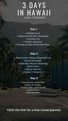 the 3 days in hawaii flyer with palm trees and mountains behind it, including information for each event