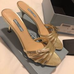 In Great Used Condition, Worn Once To An Event! Fits Us 9.5-10 Perfectly. Includes Box, No Dustbag. Barely-There Sandals Are Trending This Season, And We Especially Love This Metallic Gold Pair By Prada. Made In Italy From Leather (Calf), They Have A Vintage Feel To Them Thanks To The Strappy Front And Low Heel. They Will Look Great Styled With Lbds And Mini Skirts Alike. Purchased From Nordstrom. Event Fits, Sandals With Bow, Satin Ballet Flats, Metallic Gold Color, Yellow Heels, Shoes Prada, Low Heel Pumps, Green Heels, Black Suede Pumps