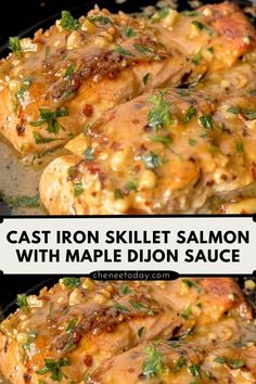 two images of chicken with maple dijon sauce in a cast iron skillet