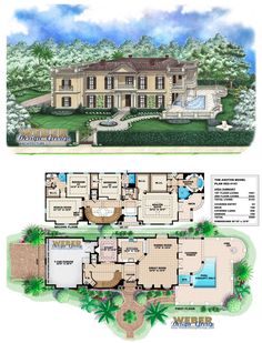 two story house plans with an open floor plan and large pool in the front yard