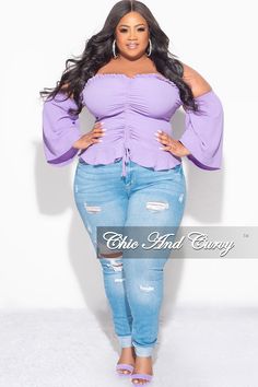 Polyester %: 100 Model is wearing 2x Plus Size Off The Shoulder, Frill Top, Frill Tops, No Frills, Final Sale, Off The Shoulder, Plus Size, Purple, How To Wear