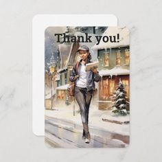 a thank card with a woman walking down the street in the snow holding an umbrella