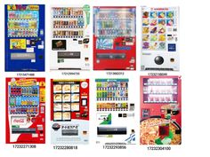 several vending machines are shown in different colors