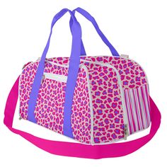 a pink and purple leopard print duffel bag