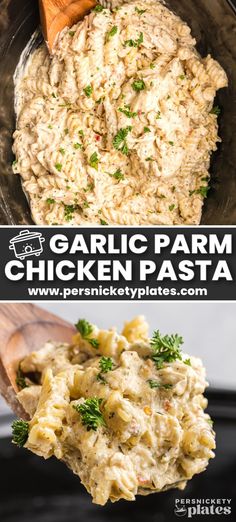 the ingredients for garlic parm chicken pasta in a bowl and on a wooden spoon