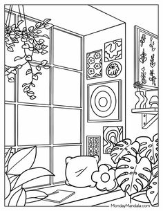 a black and white drawing of a room with plants