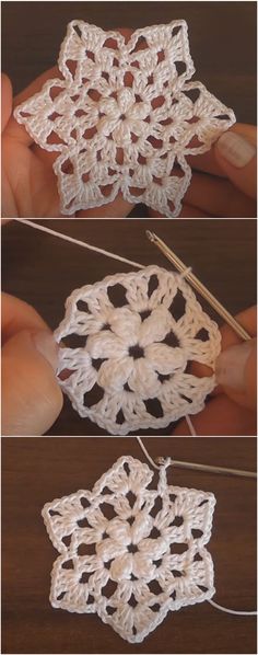 crocheted snowflakes are shown in three different pictures, one is white and the other is beige