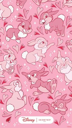 the pink background has many different cartoon animals on it's sides, including two rabbits and