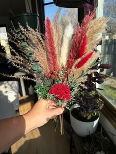 a person holding a bouquet of flowers in their hand next to a potted plant