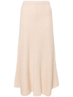 sand beige virgin wool-cashmere blend knitted construction ribbed waistband slip-on style flared mid-length Elegant Beige Ribbed Skirt, Spring Ribbed Beige Skirt, Elegant Beige Knit Bottoms, Elegant Beige Knit Skirt, Knitted Midi Skirt, Knit Midi Skirt, City Dress, Sand Beige, Summer Beach Wear