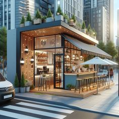 an artist's rendering of a small restaurant in the city