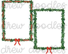 two square frames decorated with holly leaves and red bows