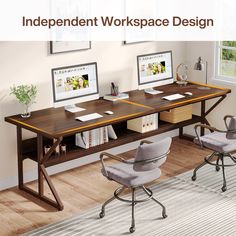 two computer desks sitting on top of each other in front of a window with the words independent workspace design above them