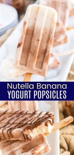 nutella banana yogurt popsicles on a stick with chocolate drizzle