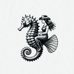 Trippy Black And White Tattoos, Cowgirl Riding Horse Tattoo, Coastal Cowgirl Tattoo Ideas, Costal Cowgirl Tattoo, Coastal Cowgirl Art, Mermaid Cowboy, Mermaid Cowgirl, Cowgirl Mermaid, Tattoo Clipart