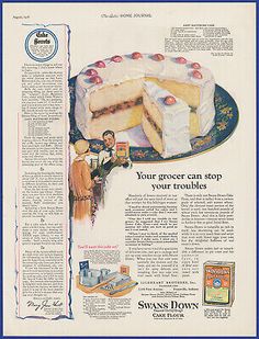 an advertisement for swans'flour shows a cake with apples on top and two slices cut from it