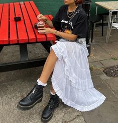 Edgy Long Skirt Outfit, Knotfest Outfit, Theatre Outfit Aesthetic, White Lace Maxi Skirt Outfit, Sheer Maxi Skirt Outfits, Long Skirt Band Tee, Grunge Maxi Skirt Outfits, Tumblr 2014 Outfits