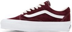 Low-top suede sneakers in burgundy. · Lace-up closure · Padded collar · Logo appliqués at sides · Rubber logo patch at heel · Partial grained leather and canvas lining · Textured rubber midsole · Treaded rubber sole · Contrast stitching in white Part of the OTW collection. Supplier color: Pig suede port royale Burgundy Vans, Leather And Canvas, Burgundy Lace, Vans Shop, Pig Skin, Vans Sneakers, Suede Sneakers, Sneaker Collection, Black Laces