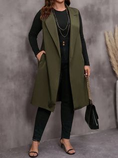 Plus Size Women's Spring/Autumn Solid Color Lapel Pocket Elegant Commuter Vest Blazer Army Green Casual  Sleeveless Woven Fabric Colorblock,Plain vest Non-Stretch  Women Plus Clothing, size features are:Bust: ,Length: ,Sleeve Length: Army Green Blazer Outfit, Green Blazer Outfit, Blazer Verde, Plain Vest, Business Casual Outfits For Women, Vest Blazer, Casual Outerwear, Blazer Outfits