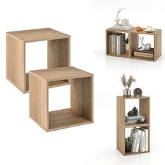 three wooden shelves with books on each shelf