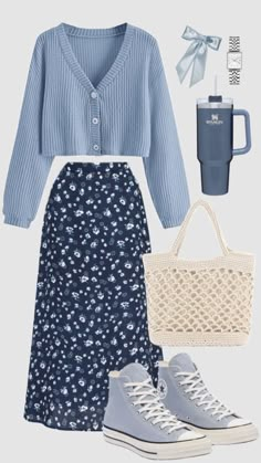 Modest Girly Outfits, Cute Modest Outfits, Everyday Fashion Outfits, Casual Day Outfits, Quick Outfits, Easy Trendy Outfits, Blue Cardigan, Modest Fashion Outfits