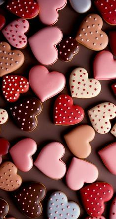 many heart shaped cookies are arranged on a brown surface with polka dots and hearts in the middle