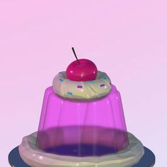 a purple cake with a cherry on top