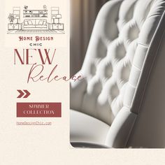 a white chair sitting next to a window with the words new release written on it