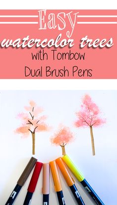 easy watercolor trees with tombow dual brush pens for kids to paint and draw