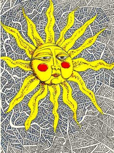 a drawing of a sun with red eyes