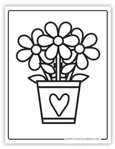 a flower pot with flowers in it and a heart drawn on the side, coloring page