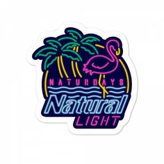 a sticker that says natural light with a flamingo in the center and palm trees behind it