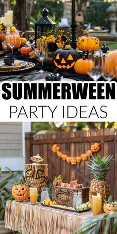 an outdoor halloween party with pumpkins, pineapples and other decorations on the table