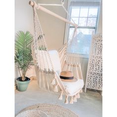 a hammock chair with a hat on it and a potted plant in the corner