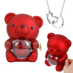 a red teddy bear holding a crystal ball in it's mouth with the other hand