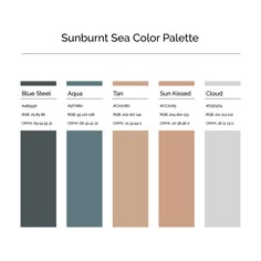 the sunburnt sea color palette is shown in shades of blue, brown and beige